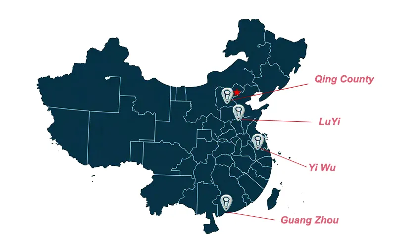Map showing the key regions in China for best makeup brush manufacturers, highlighting Qingxian County (Hebei), Luyi (Henan), Yiwu (Zhejiang), and Shenzhen (Guangdong) as major industry clusters