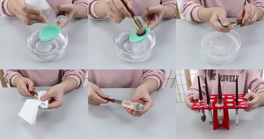 Step-by-step photo guide showing how to clean your makeup brushes, from applying cleanser to air drying the brushes upside down.
