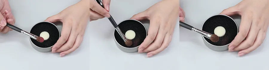 Step-by-step photo guide showing How to quickly clean powder brushes using a dry cleaning sponge