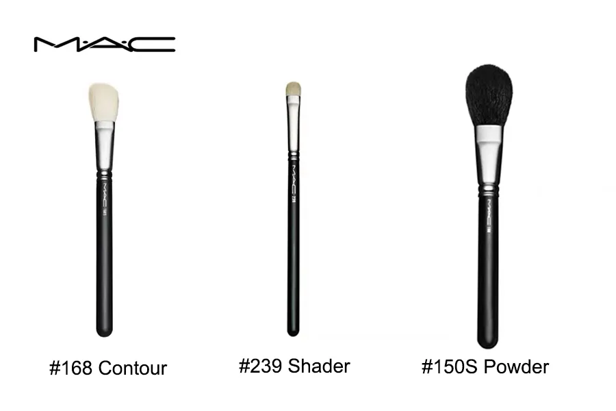 Three iconic MAC makeup brushes (#168 Contour, #239 Shader, and #150S Powder) displayed to illustrate popular natural hair brush models from the early 2000s beauty industry.