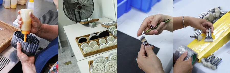 Workers performing glue injection, shape refinement using tweezers, and removing loose hairs from brushes with adhesive tape for quality control.