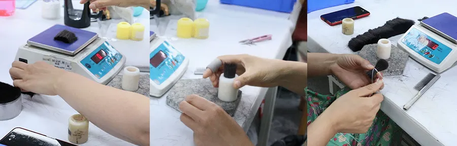 Hands shaping and securing makeup brush bristles using specialized resin molds and string, showing the precise process of forming and fastening the brush head during production.