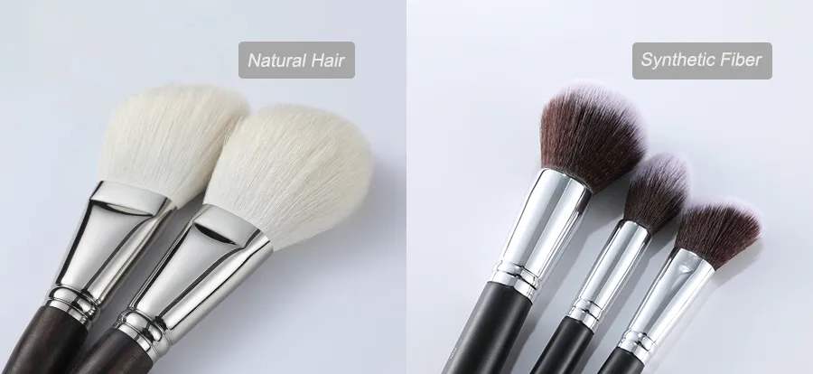 Comparison of natural hair makeup brushes (left) and synthetic fiber brushes (right), highlighting differences in bristle texture and material.