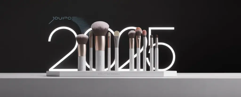 Row of makeup brushes standing in front of large "2025" numbers, symbolizing the evolving trends and innovations in makeup brush manufacturing for the year 2025.