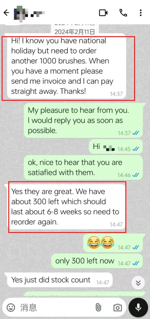 WhatsApp screenshot of customer inquiry about shipping and displaying sales chart.
