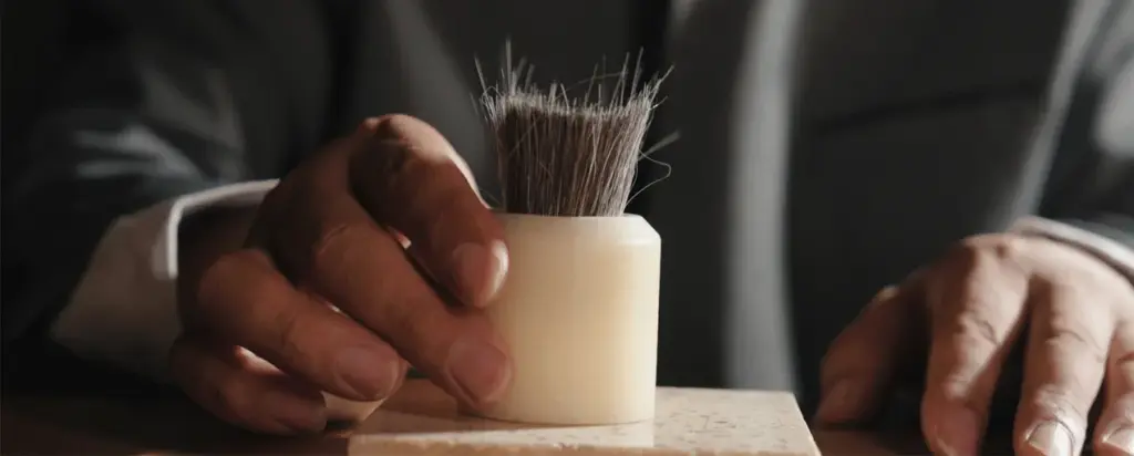 Close-up of hands making handmade makeup brushes, showing precise craftsmanship.
