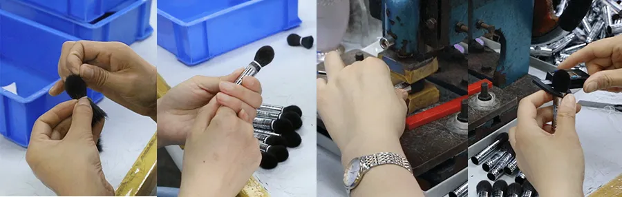 Hands manually shaping, threading, pressing, and measuring makeup brush ferrules, capturing detailed artisan workflow from initial adjustment to final quality checking.