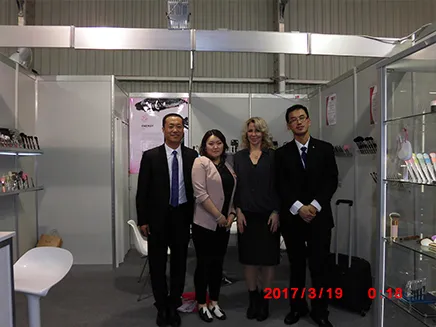 Display of AINOCHI Factory’s booth and personnel during the 2017 Cosmoprof Italy Beauty Exhibition.