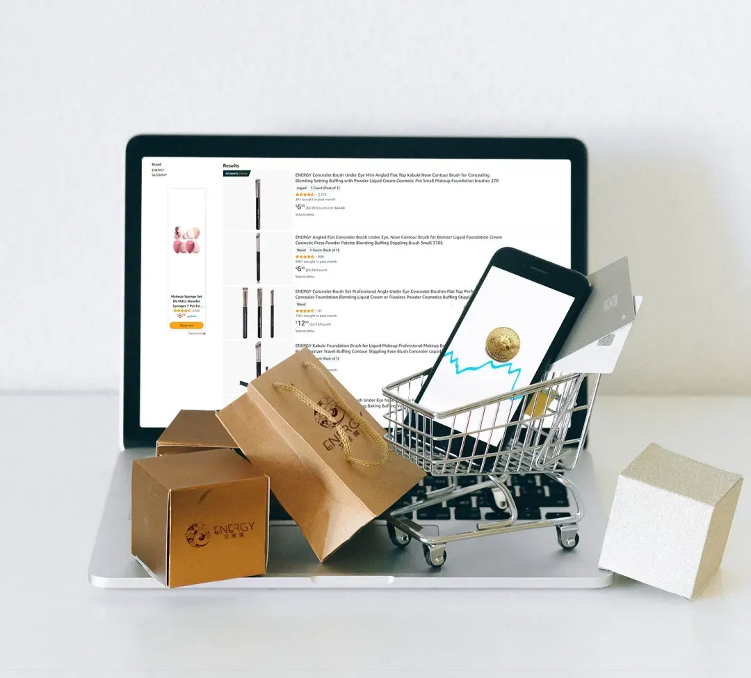 ENERGY brand makeup brush packaging and e-commerce sales platform display.