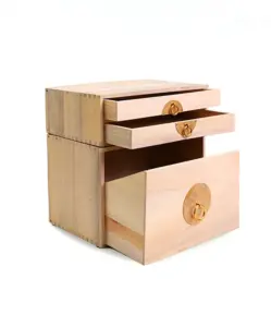 Handmade wooden makeup organizer box with double drawers and a large lower compartment, crafted from beech for elegant cosmetic storage.