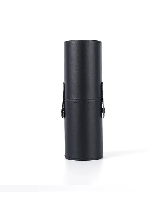 PU leather small makeup brush holder cup, black cylinder design, perfect for organizing and carrying beauty tools.