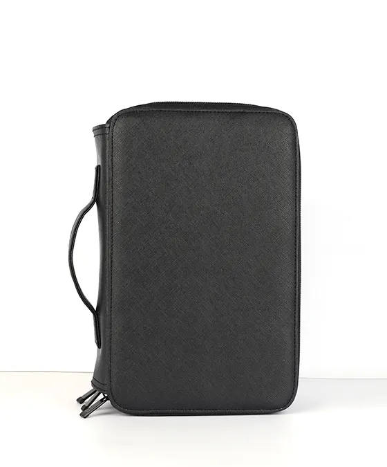 Front view of the AINOCHI makeup brush organizer case in black leather, designed for professional and travel use.