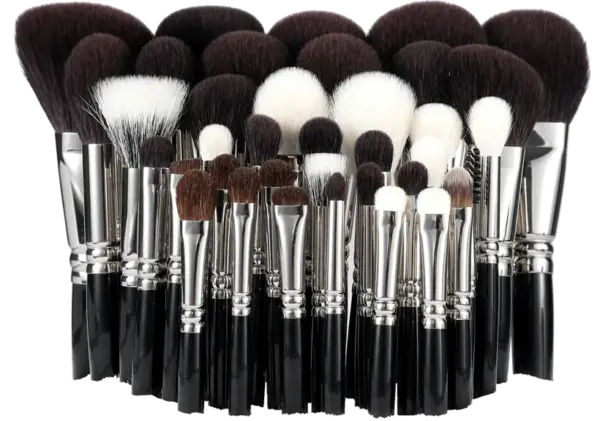 A selection of custom makeup brushes with various shapes and sizes, featuring premium bristles and black handles, arranged as a banner for customization services