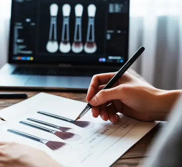 Hand drawing makeup brush design in front of computer screen, representing custom design service for makeup brushes.