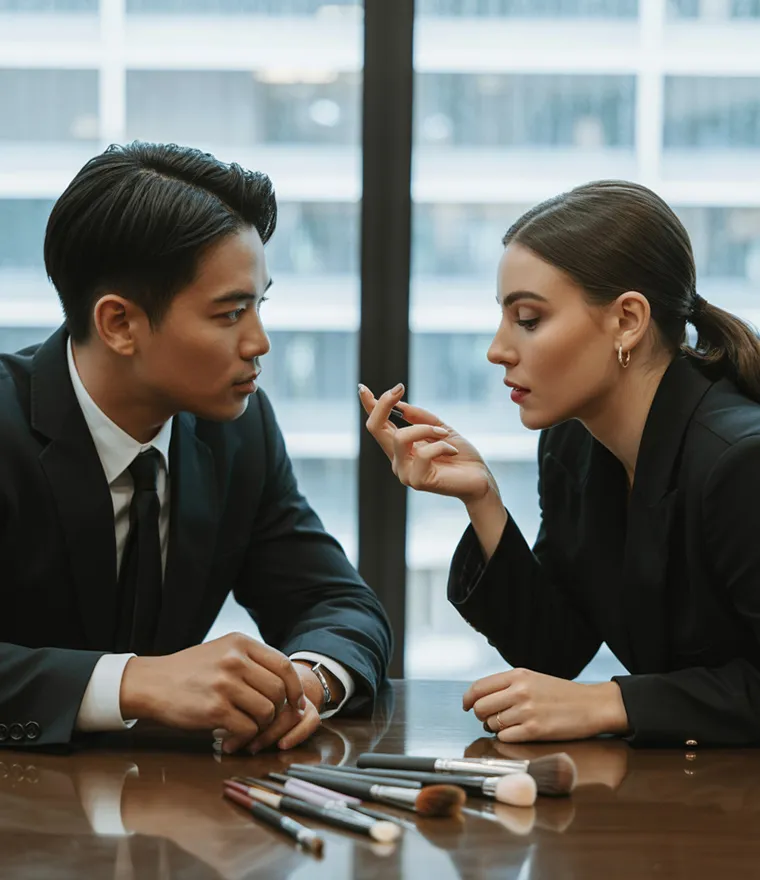 Two business professionals discussing makeup brush customization at a meeting table with samples.