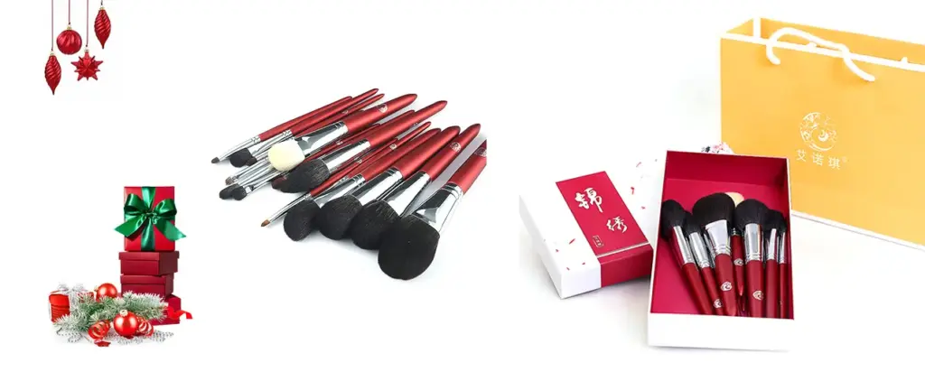 Premium Personalized Makeup Brushes Collection - Red-handled brushes in gift boxes, ideal Christmas gift option