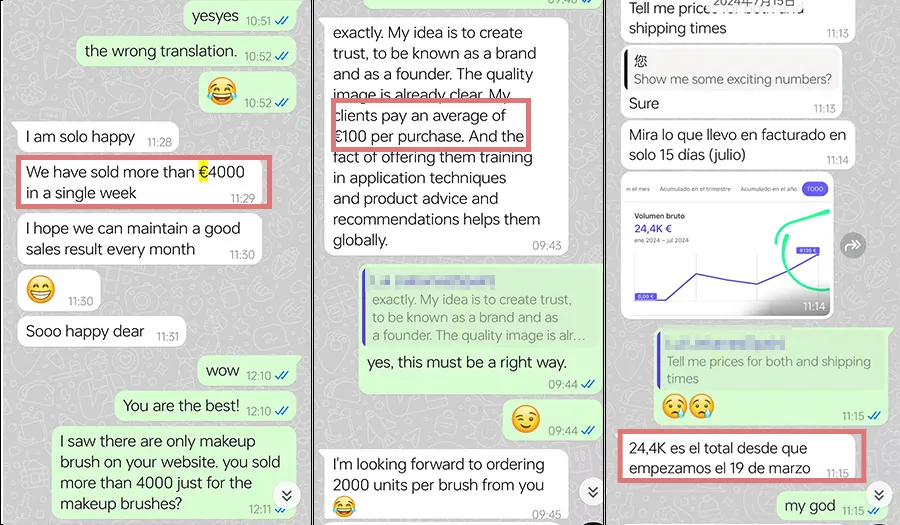 WhatsApp chat screenshots showing makeup artist Elena celebrating €4,000 first-week sales, discussing high-quality natural hair brushes, repeat orders, and trust-building for her niche brand launch.
