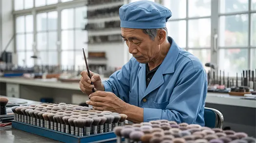 Experienced Asian makeup brush craftsman in blue uniform hand-shaping brush heads in a clean workshop