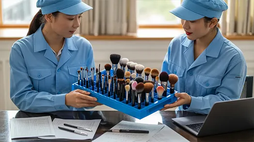 makeup brush engineers in blue uniforms presenting a tray of brush samples with laptop and spec sheets on the table