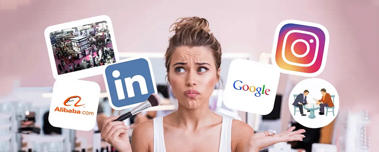 Person holding a makeup brush surrounded by icons for Alibaba, LinkedIn, Instagram, Google and trade shows, showing different channels to find a makeup brush supplier in China