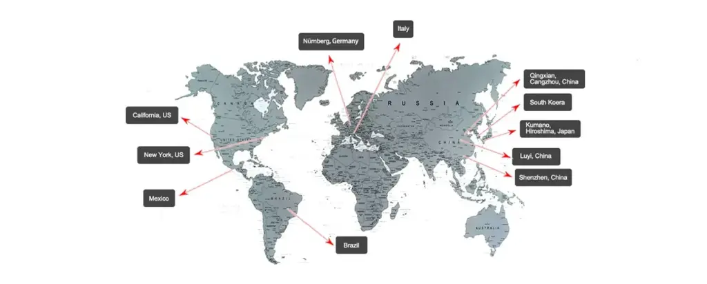 World map showing key makeup brush manufacturer China, Japan, Europe and the Americas with labeled cities and regions