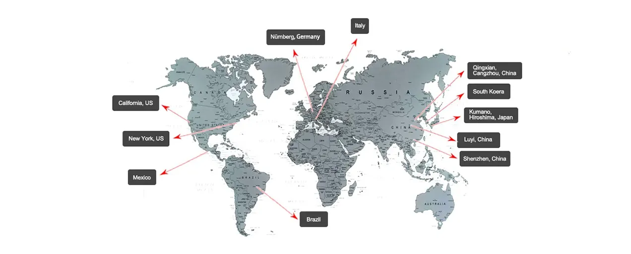World map showing key makeup brush manufacturer China, Japan, Europe and the Americas with labeled cities and regions