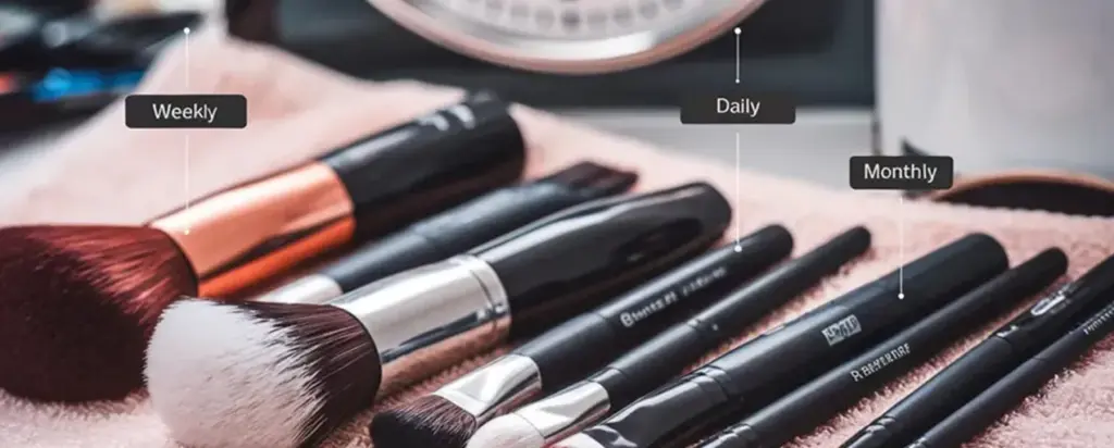 Clean makeup brushes laid on a towel with labels for daily, weekly and monthly use, illustrating how often to clean makeup brushes in a simple routine.