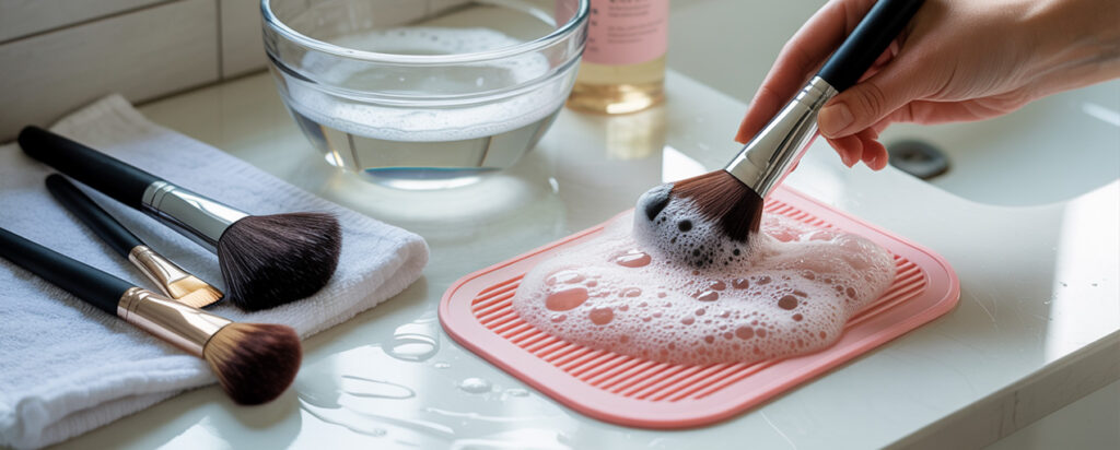 A hand deep cleaning makeup brushes on a pink silicone mat with soap bubbles, showing how to deep clean makeup brushes at a bright bathroom sink