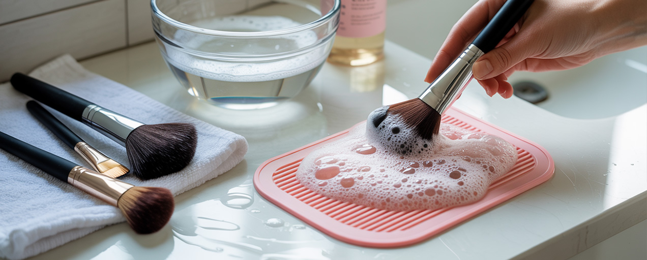 A hand deep cleaning makeup brushes on a pink silicone mat with soap bubbles, showing how to deep clean makeup brushes at a bright bathroom sink