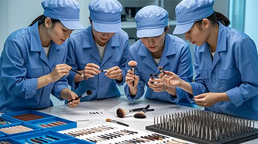 in-house makeup brush R&D team in blue uniforms reviewing fiber samples and brush prototypes at a lab bench