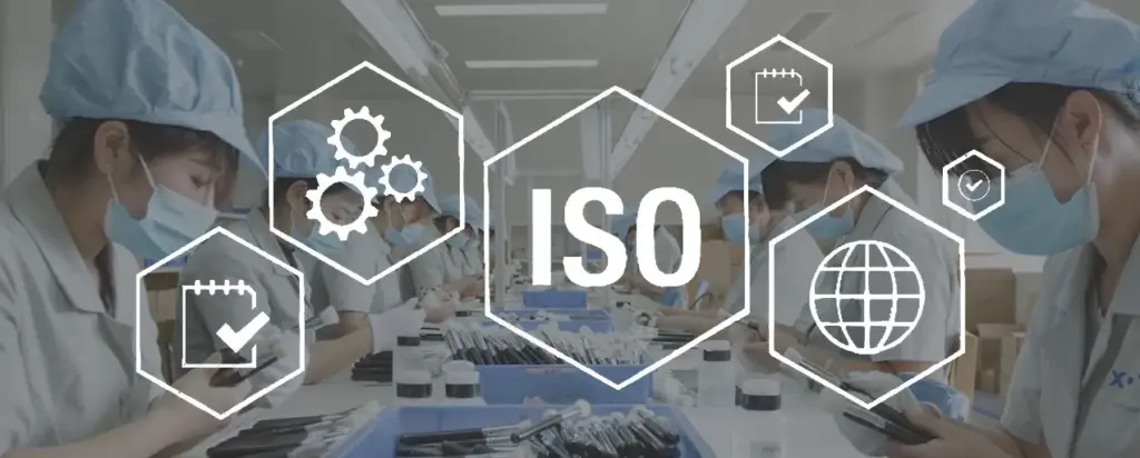 Workers on a clean makeup brush factory production line with ISO and quality icons overlayed, showing standards and certification focus