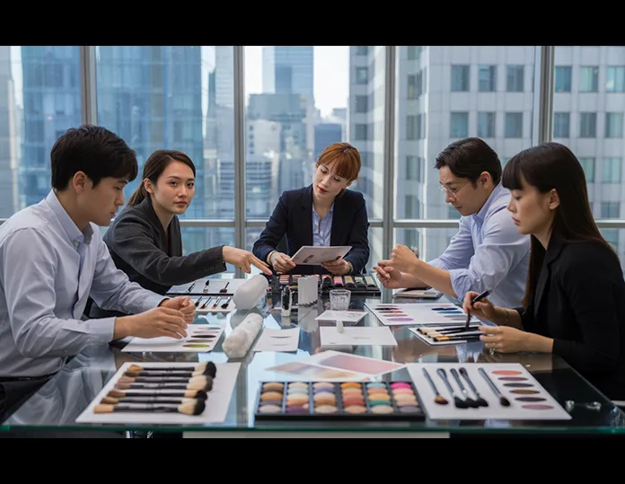 International beauty team in a modern office meeting room reviewing makeup brush samples and color charts, representing Korean and Japanese brands taking global brush orders.