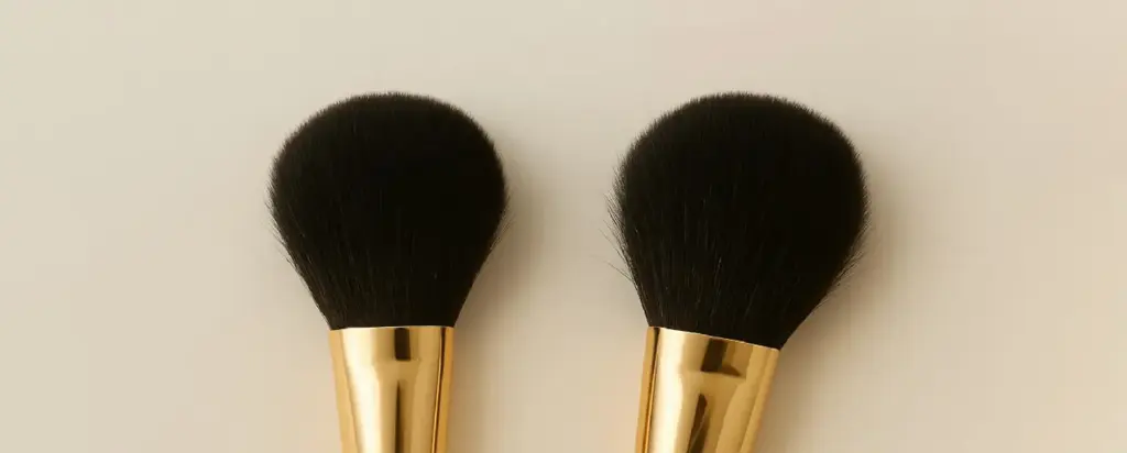 Pair of luxury makeup brushes with shiny gold ferrules and high-density black bristles, showcasing premium craftsmanship for professional artists.