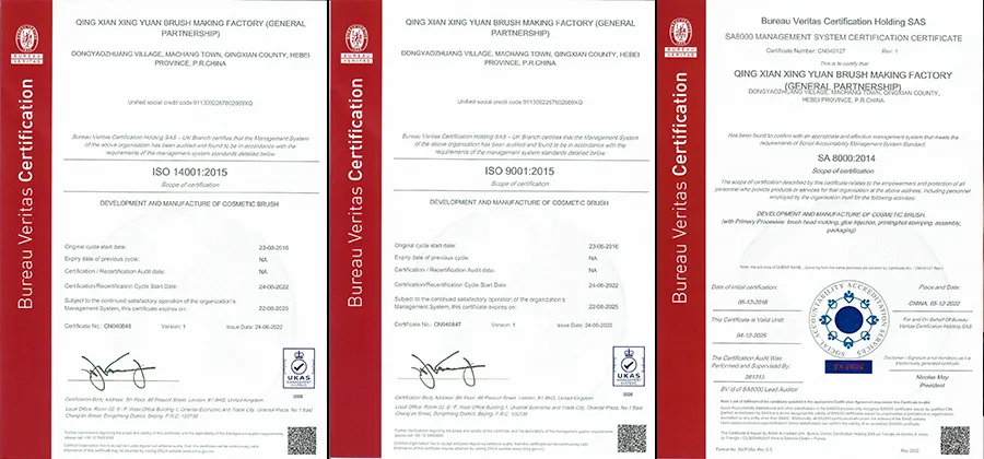 ISO 14001, ISO 9001 and social responsibility certificates for a makeup brush factory from Bureau Veritas

