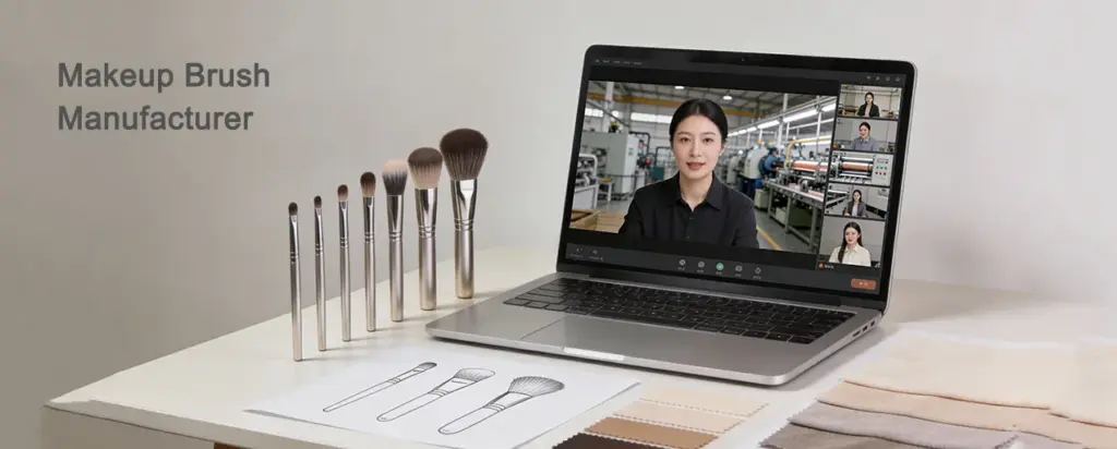 Indie beauty brand reviewing makeup brush samples on a desk while video calling a makeup brush manufacturer in the factory