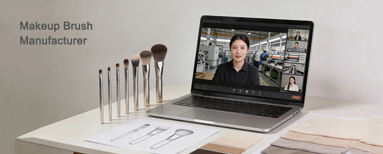 Indie beauty brand reviewing makeup brush samples on a desk while video calling a makeup brush manufacturer in the factory